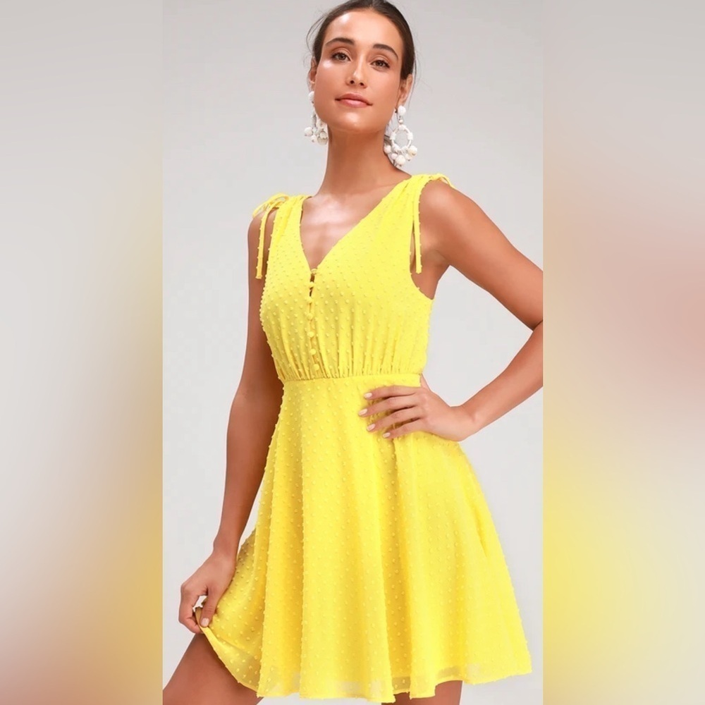 NWT Lulus Chara Yellow Swiss Dot Button-Up Skater Dress- Size M